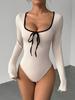 Sweet Style Color Block Bowknot Round Neck Long Sleeve Jumpsuit