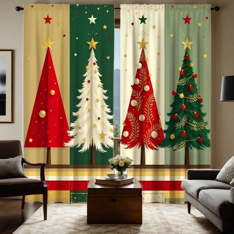 2pcs  Colorful Christmas Tree Pattern Curtains   Vibrant Design Light - Filtering Polyester Curtains for Christmas Home Windows