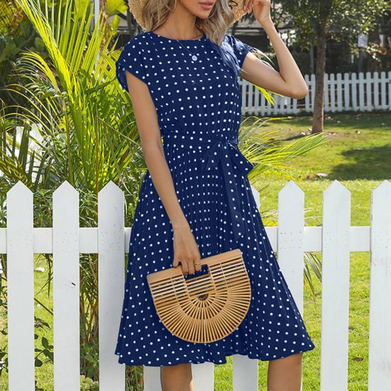 Damen Punktmuster Midi-Kleid Rundhalsausschnitt Kurzarm A-Linien-Kleid