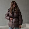 2025 Winter New Women's Drawstring Slim Fit Cotton Coat with Hood Zipper Warm Comfortable Outerwear for Europe and America