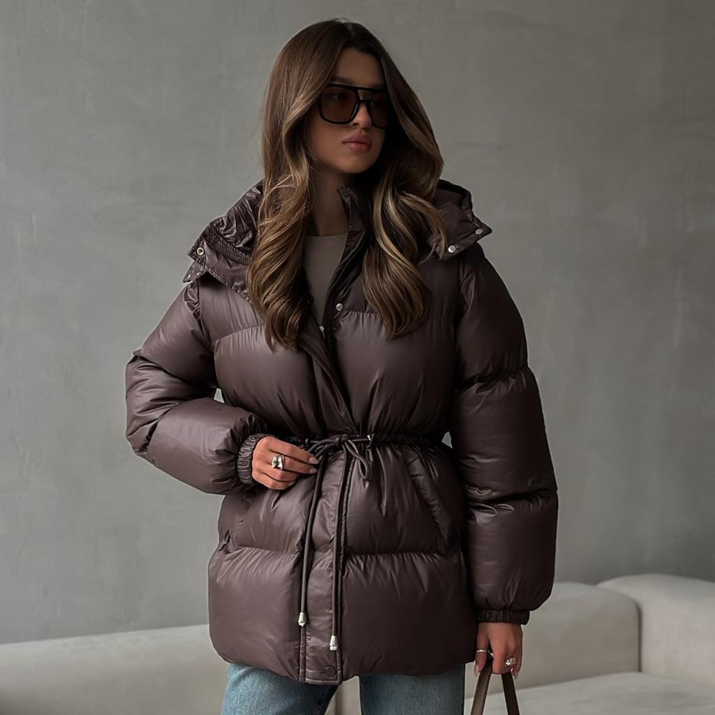 2025 Winter New Women's Drawstring Slim Fit Cotton Coat with Hood Zipper Warm Comfortable Outerwear for Europe and America