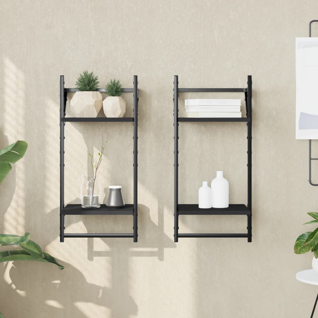 Wall mounted shelves with 2 shelves and rods set of 2 black 30 x 25 x 65 cm