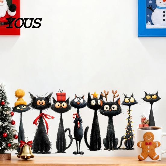 Kids Room Christmas Decorations Black Cat Wall Stickers, Self Adhesive Decals, Removable PVC Cute Holiday Theme Decals Art Decor for Bedroom