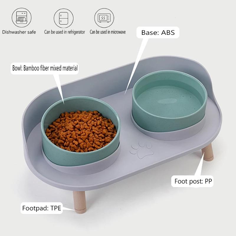 Double Cat Safety Bowl, with Wooden Stand and Silicone Mat, Kitten, Puppy Food, Water Supply, Raised Dish, Dog Supplies, Anti-spill