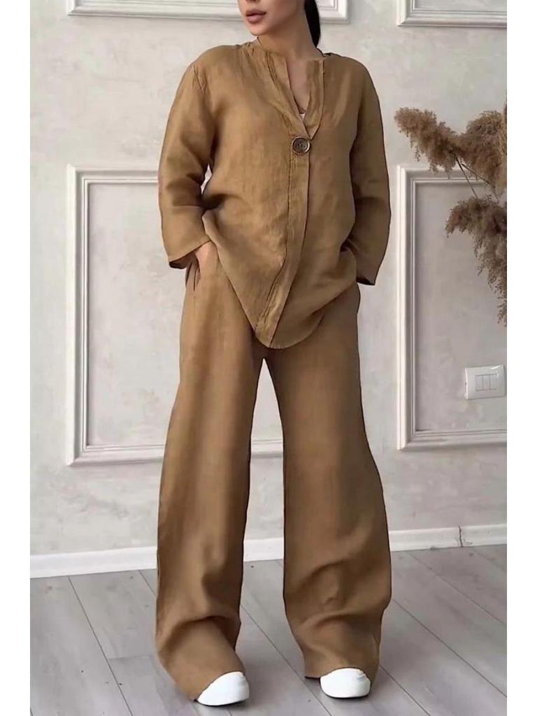 Europäische & Amerikanische 2025 Sommer Mode V-Ausschnitt Langarm Baumwolle Leinen Damen Set