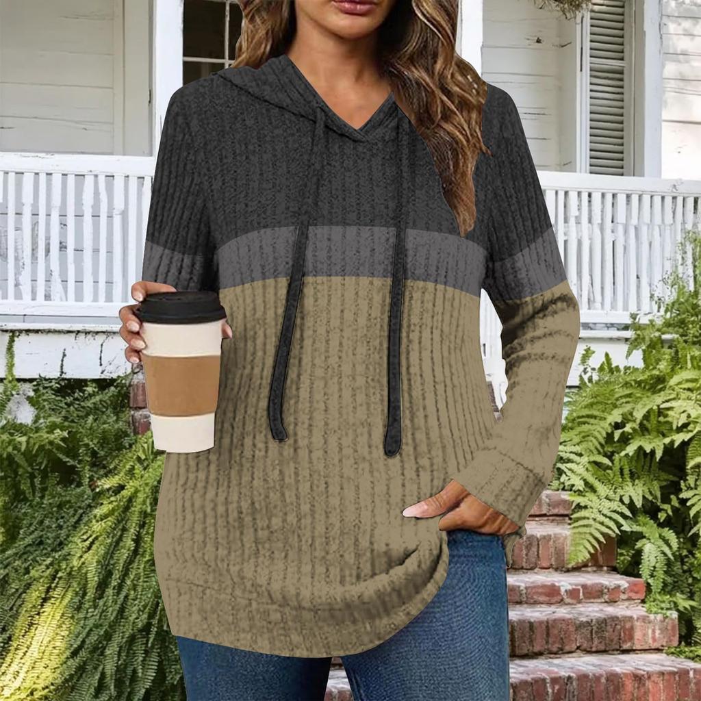 Women's Fashionable Solid Color Hooded Long Sleeved Color Blocked Drawstring Casual Pullover Top