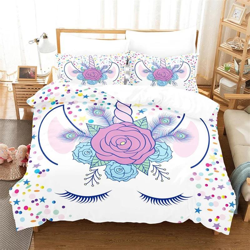 Comforter Girls Unicorn Full King Queen Size Microfiber Eyelashes Floral Comforter 3D Cartoon Bedding Set For Kids Teen