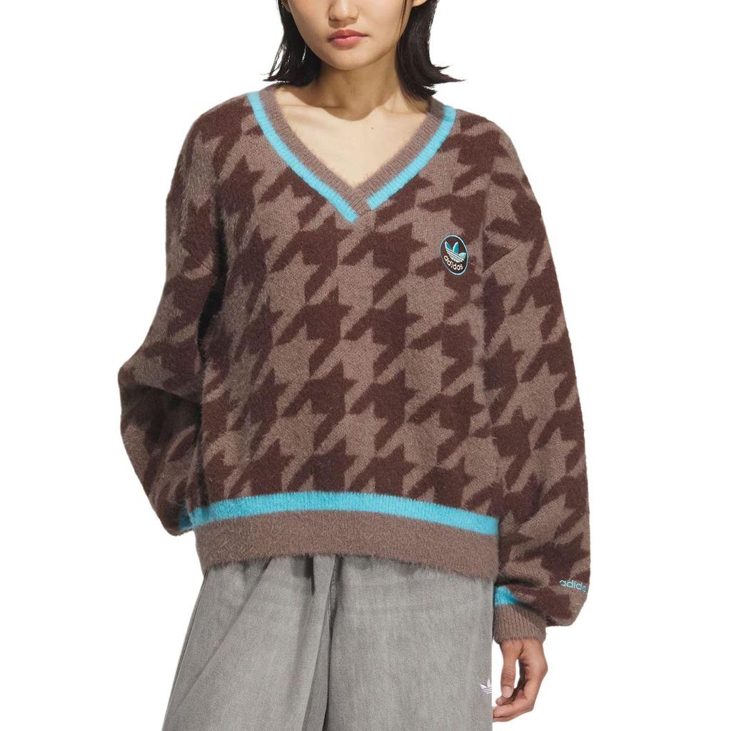 Adidas Originals FW25 Houndstooth V-Neck Knit Sweatshirt Women's Long Sleeve Top KC2688