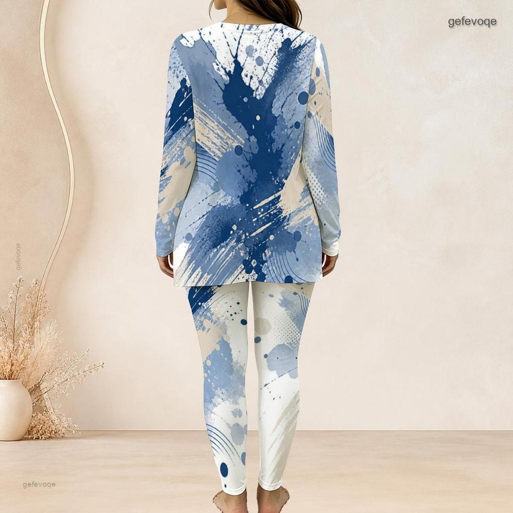Women Plus Size Printed Two Piece Set Round Neck Long Sleeve Longline Top Fitted Pants Blue Beige