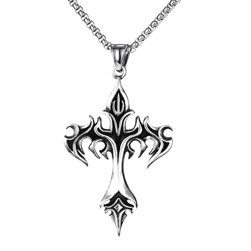 Fashion Vintage Flame Cross Pendant Necklace For Women Men Long Chain Punk Goth Trendy Accessories Choker Gothic Jewelry