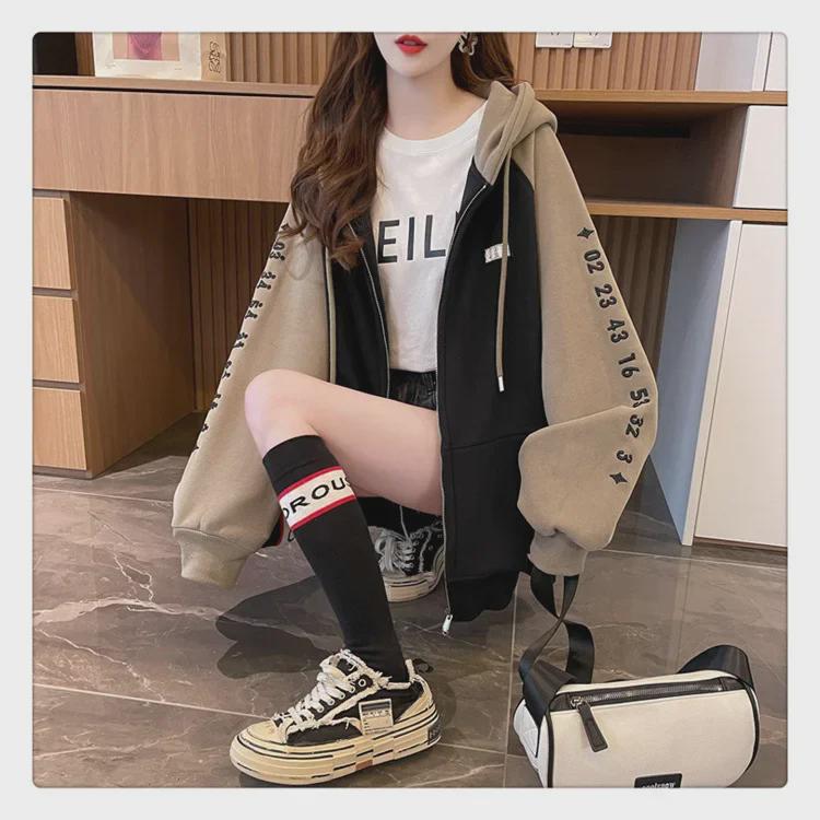 Women's Contrast Color Hooded Sweatshirt - Spring/Fall 2025, Thickened Velvet, American Style Zip-Up Cardigan