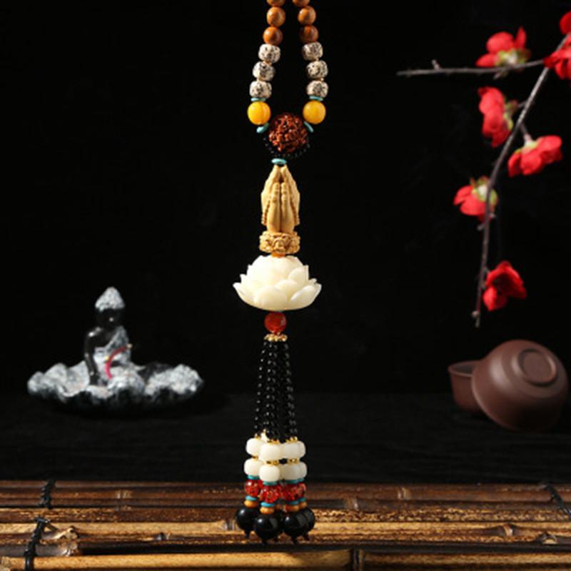 Style Car Hanging Ornament With White Lotus And Deity Symbols In Yellow Boxwood For Gift