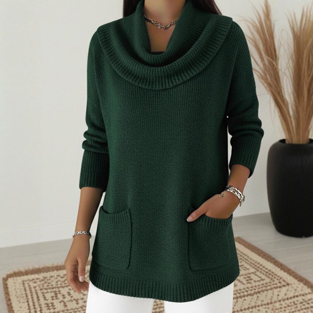 Herfst Winter Effen Kleur Gestapelde Kraag Lange Mouwen Comfortabele Casual Zak Pullover voor Dames met Zak Topjes