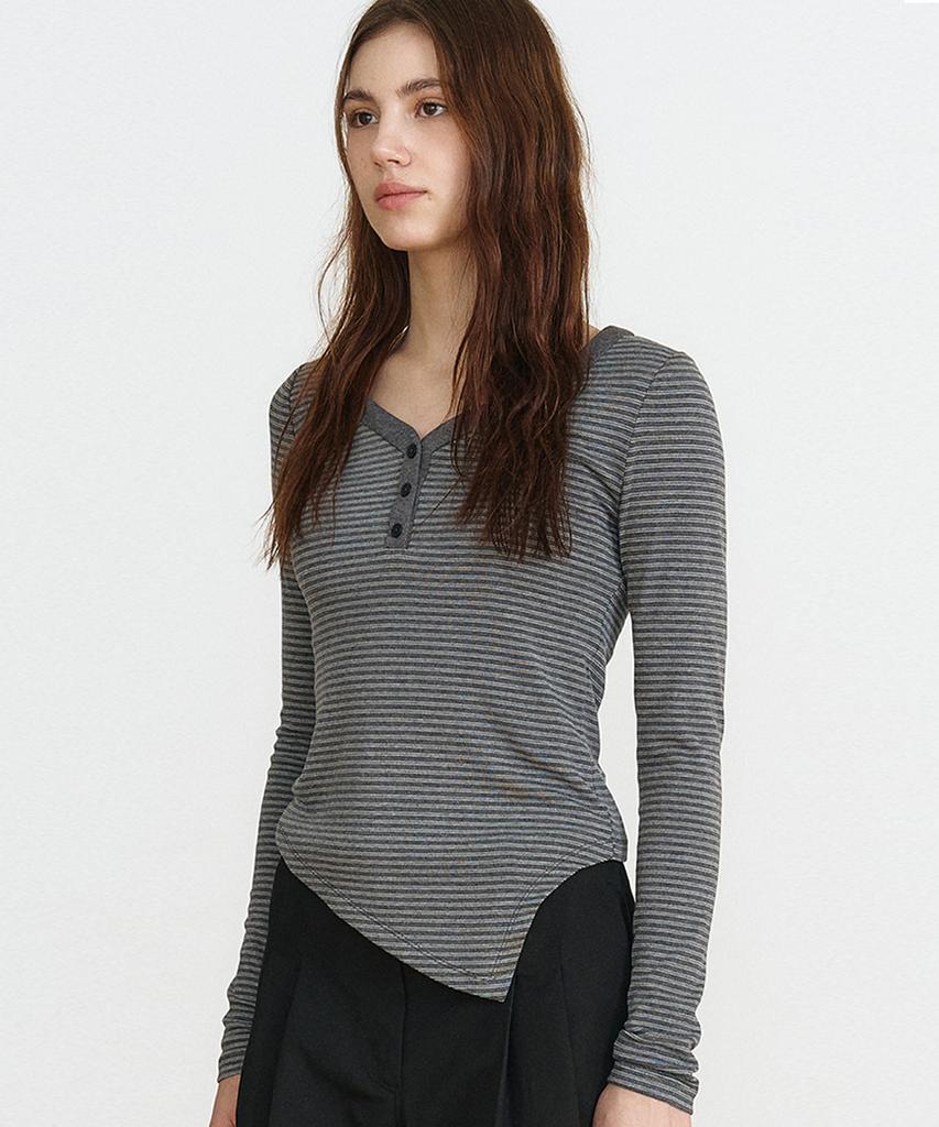 MAKE A TOAST Striped Button Long Sleeve T-Shirt (Gray) Mbfsto002Gr