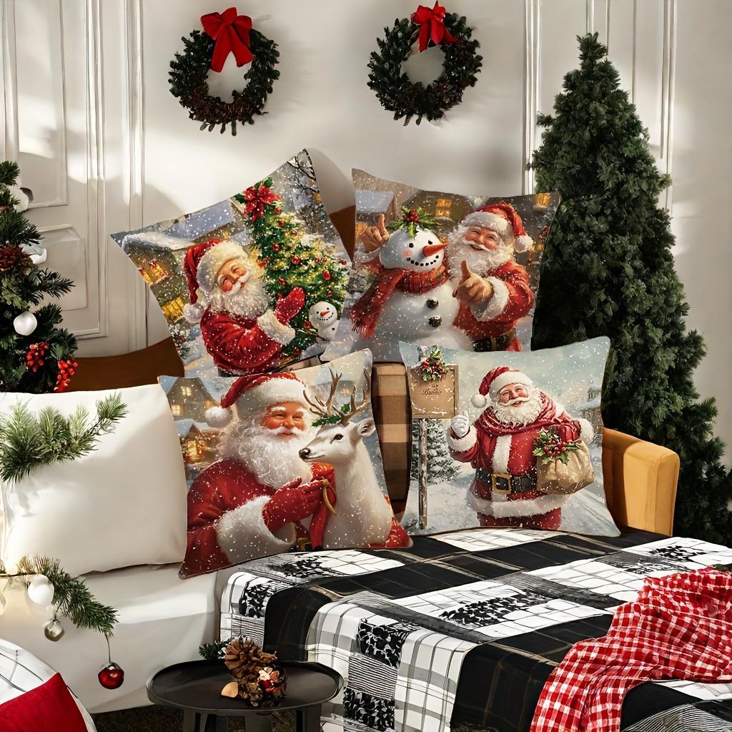 Set Of 4 Christmas Cushion Covers, Santa Tree Deer Snowman Print, Woven Polyester, Zipper Closure, For Sofa Decor