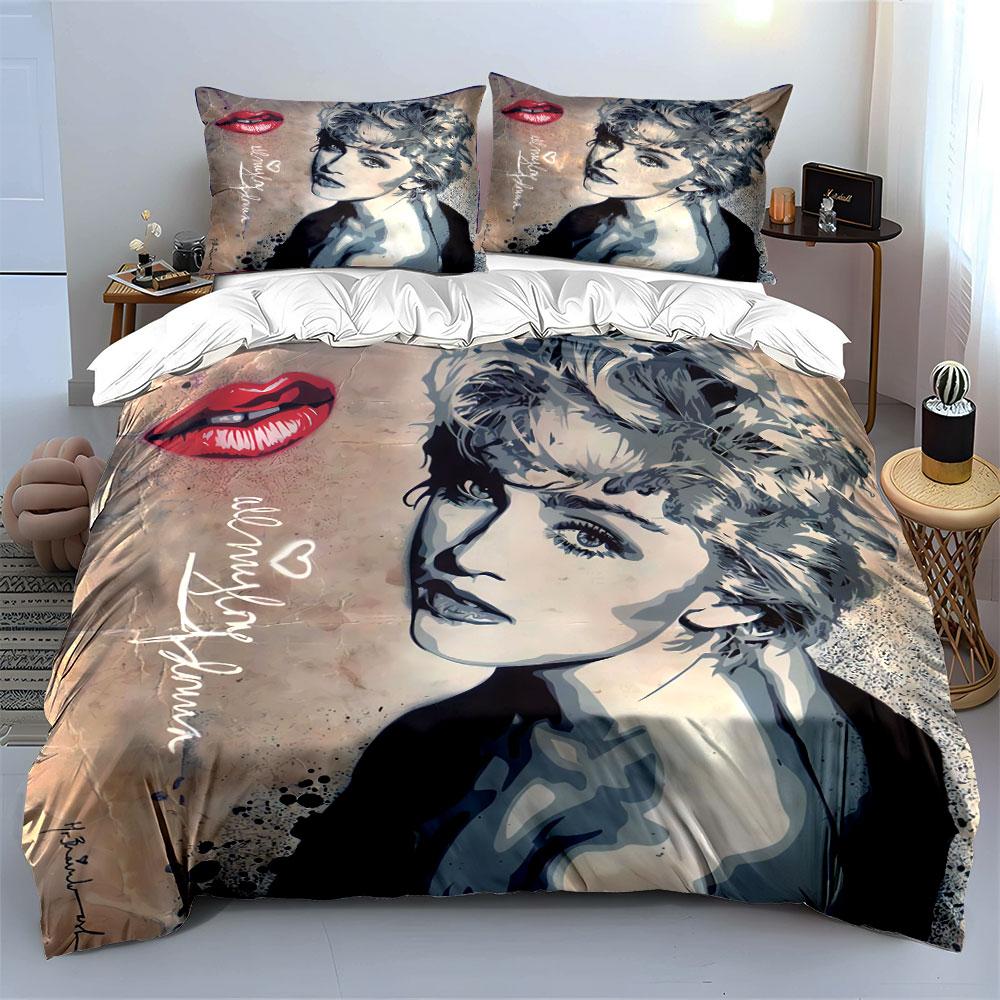 Pop Art Portrait with Red Lips Bedding Duvet Cover Set Duvet Cover Pillowcases (1*Duvet Cover 2*Pillowcases, Without Duvet Insert)