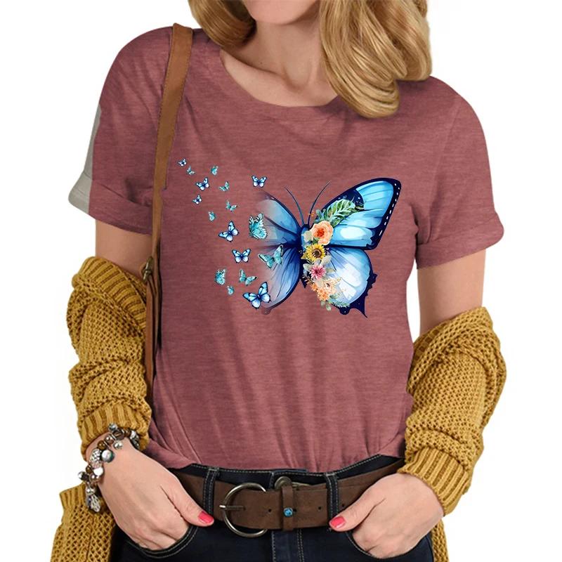 Flower Butterfly Lover Casual Tops Vintage Flower Design Tshirt Female Butterfly Print Premium Casual Short Sleeve TShirt Women