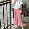 Women's Summer Sweet Peach Pink Midi Skirt - Flowy Smooth Floral Pleated A-Line Skirt with Elastic High Waist