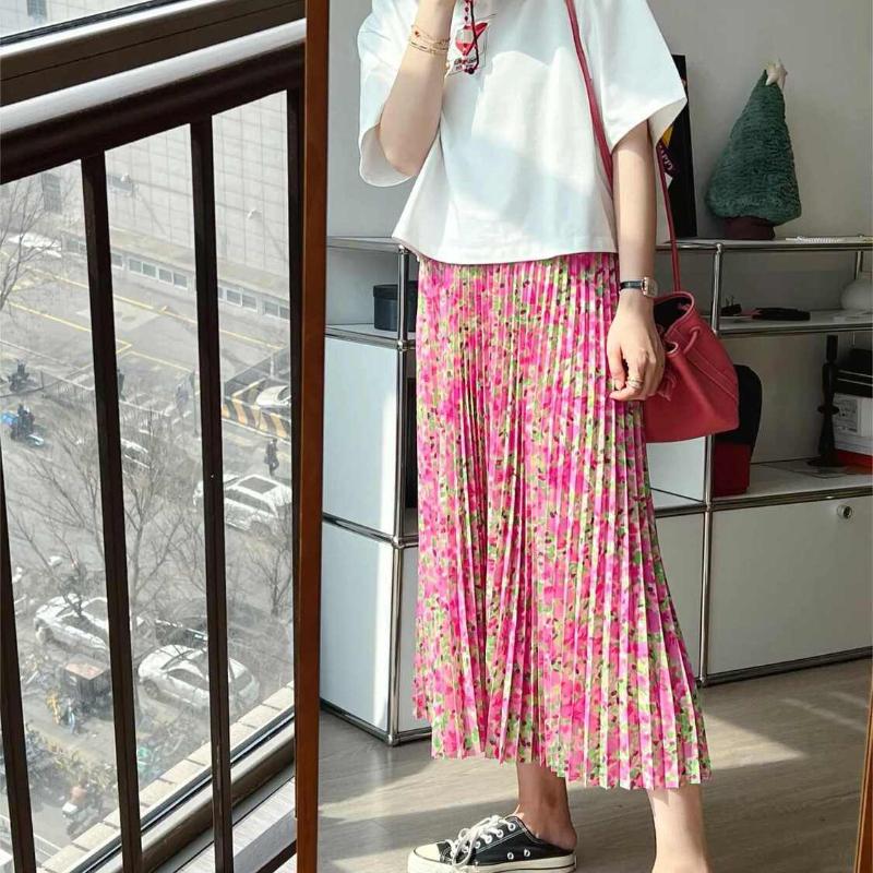 Women's Summer Sweet Peach Pink Midi Skirt - Flowy Smooth Floral Pleated A-Line Skirt with Elastic High Waist