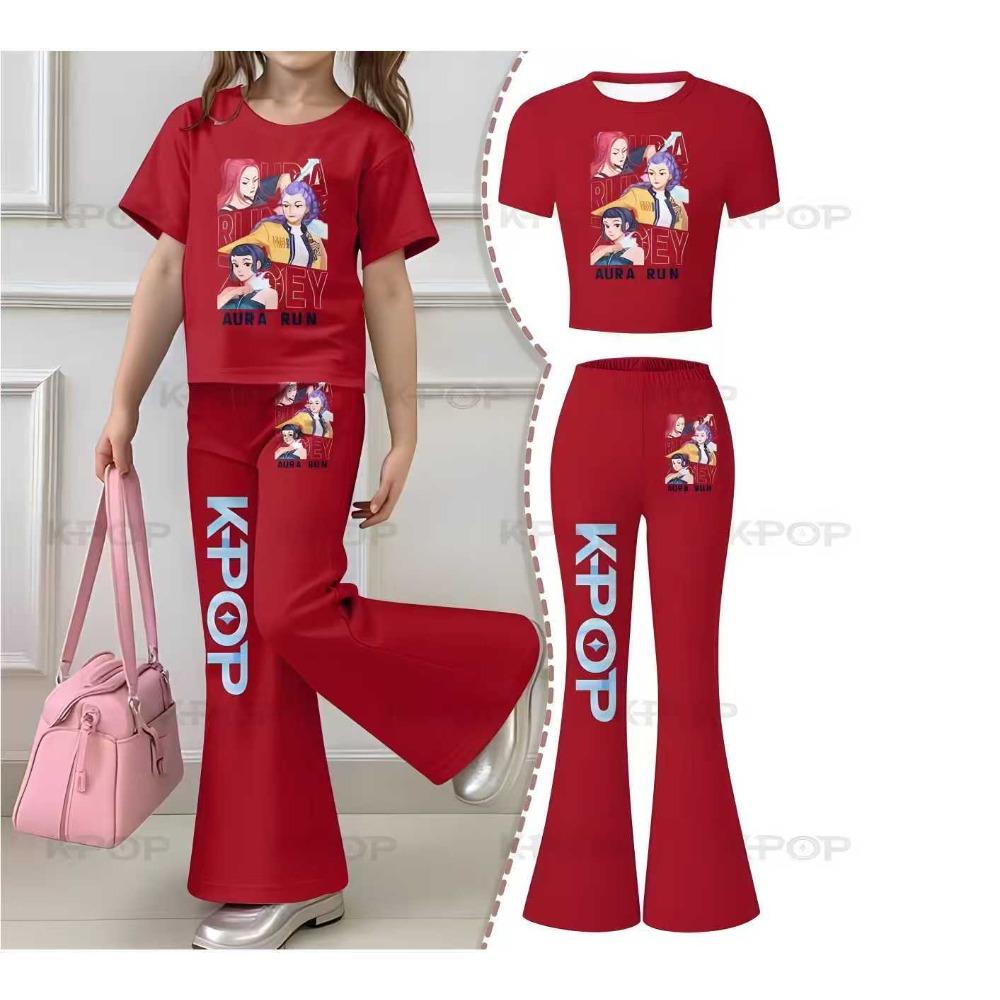 2026 Children's Kpop Hunter Short Sleeve Set Girls' New Style, Regular Short Sleeve Top and Bell Bottom Pants Two Piece Set