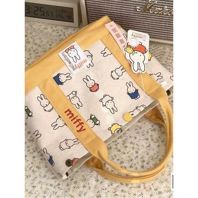 Year of the Rabbit Cute Canvas Tote Bag - Women's Office Lunch Handbag with Rabbit Embroidery