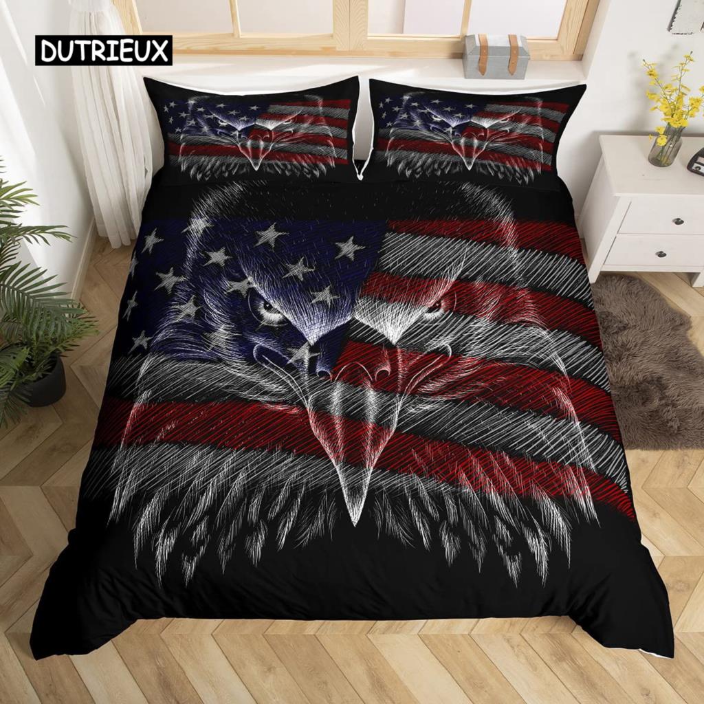 American Flag Duvet Cover Microfiber Bald Eagle Patriot United States Flag Bedding Set Independence Fourth of July Quilt Cover