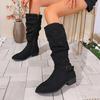 Pleated Design Block Heel Knee High Boots Women Plus Size 36-42 Zipper Long Boots Woman  Fashion Buckle Flock Botas Mujer