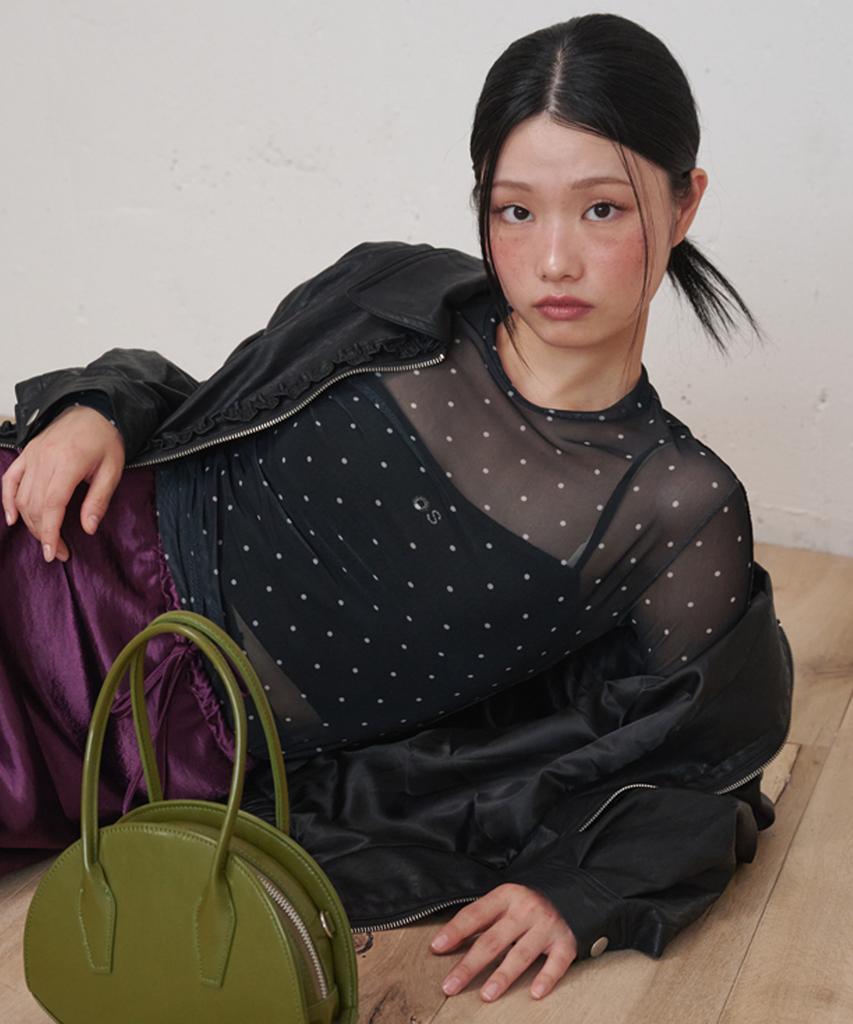 OPENING SUNSHINE Dot See-Through Long Sleeve Mesh Top Black