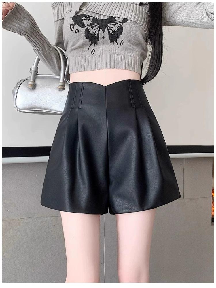 

Women s Fall Winter Coffee Mini PU Leather Shorts High Waisted A-Line Wide Leg Petite Outer Wear Base Pants Mini Shorts Versatile Slim Fit Hot Pants XS чёрный