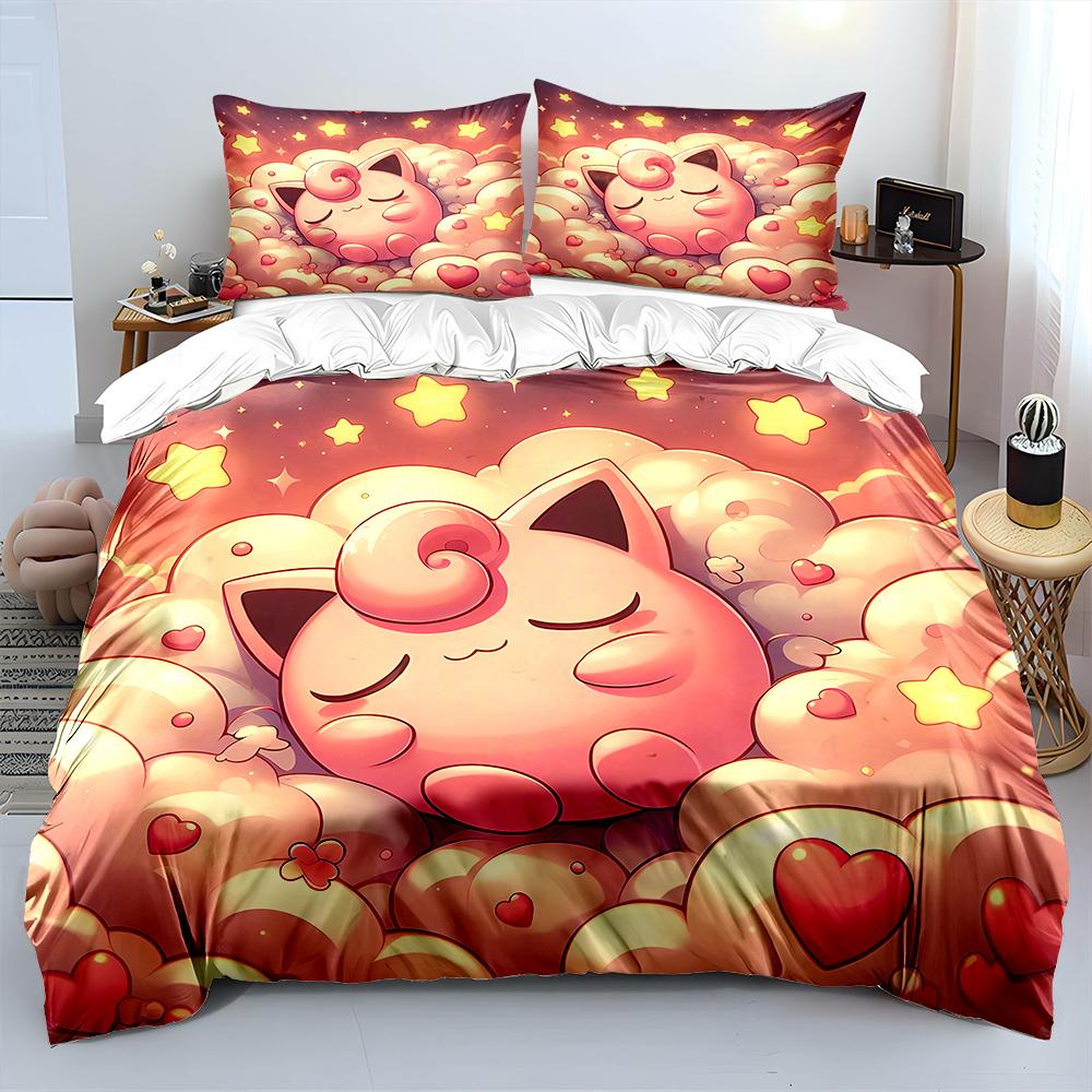 Pokemon Pummeluff 3-teiliges Bettwäsche-Set Kissenbezug Bettdecke für Erwachsene Schlafzimmer-Bettwäsche-Set Bettbezug Bettdecke Heimdekoration Steppdecke