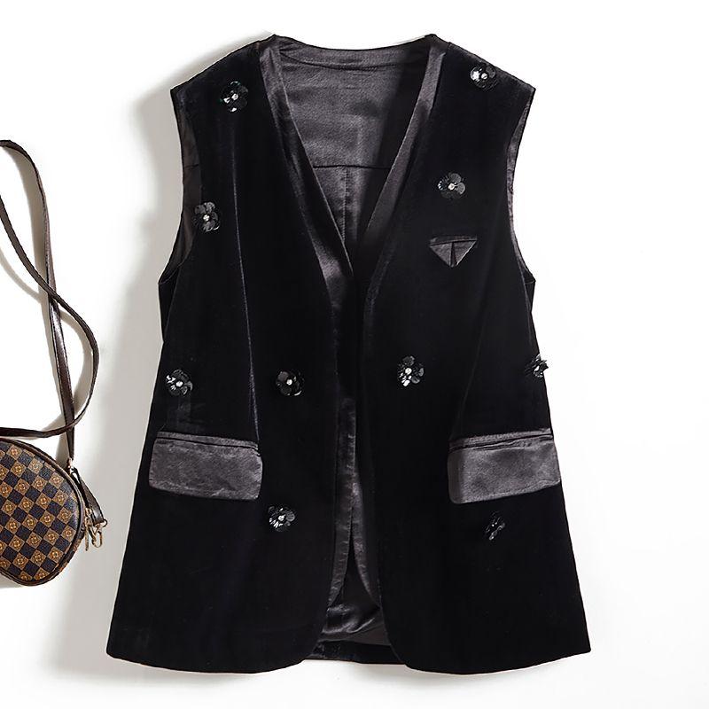 

A Small Amount of Seconds ~ Quality Goddess Autumn and Winter V-neck Three-Dimensional Flower Cluster Upright Pile Fake Two-Piece Vest New Bund Black L