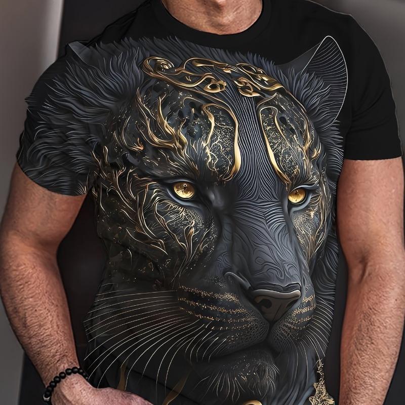 Summer men's 3D lion and tiger pattern T-shirt, casual micro elastic breathable T-shirt, suitable for outdoor jogging wear