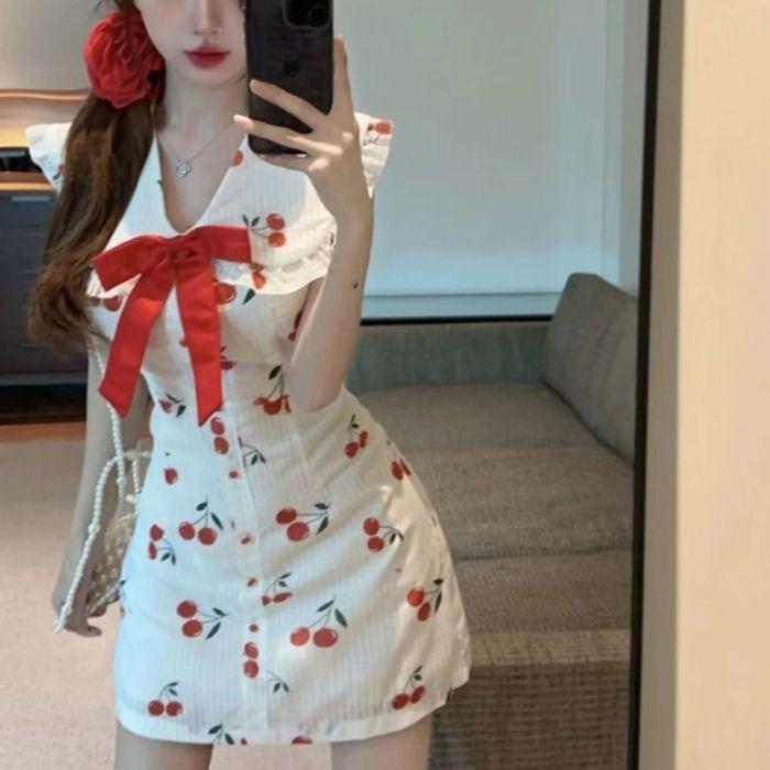 Korean Sweet Girl Cherry Print Lapel Dress Women's 2026 Summer New Waist Thin Super Fairy Skirt