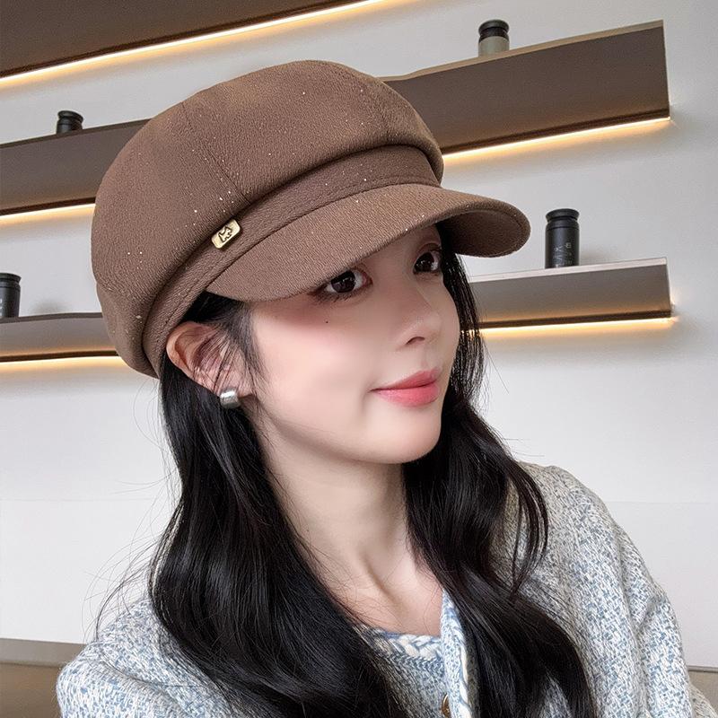 British Style Retro Sequined Octagonal Hat for Women in Autumn and Winter Puppy Label Painter's Hat Travel Fashion Temperament Beret