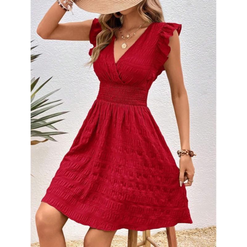 Moda Scollo a V Pieghettato Estivo Ruffles Vestito Vestibilità Aderente Sottile Elegante Monocolore Linea ad A Festa Casual Vestiti Corti Streetwear Dolce Semplice Abbigliamento Donna