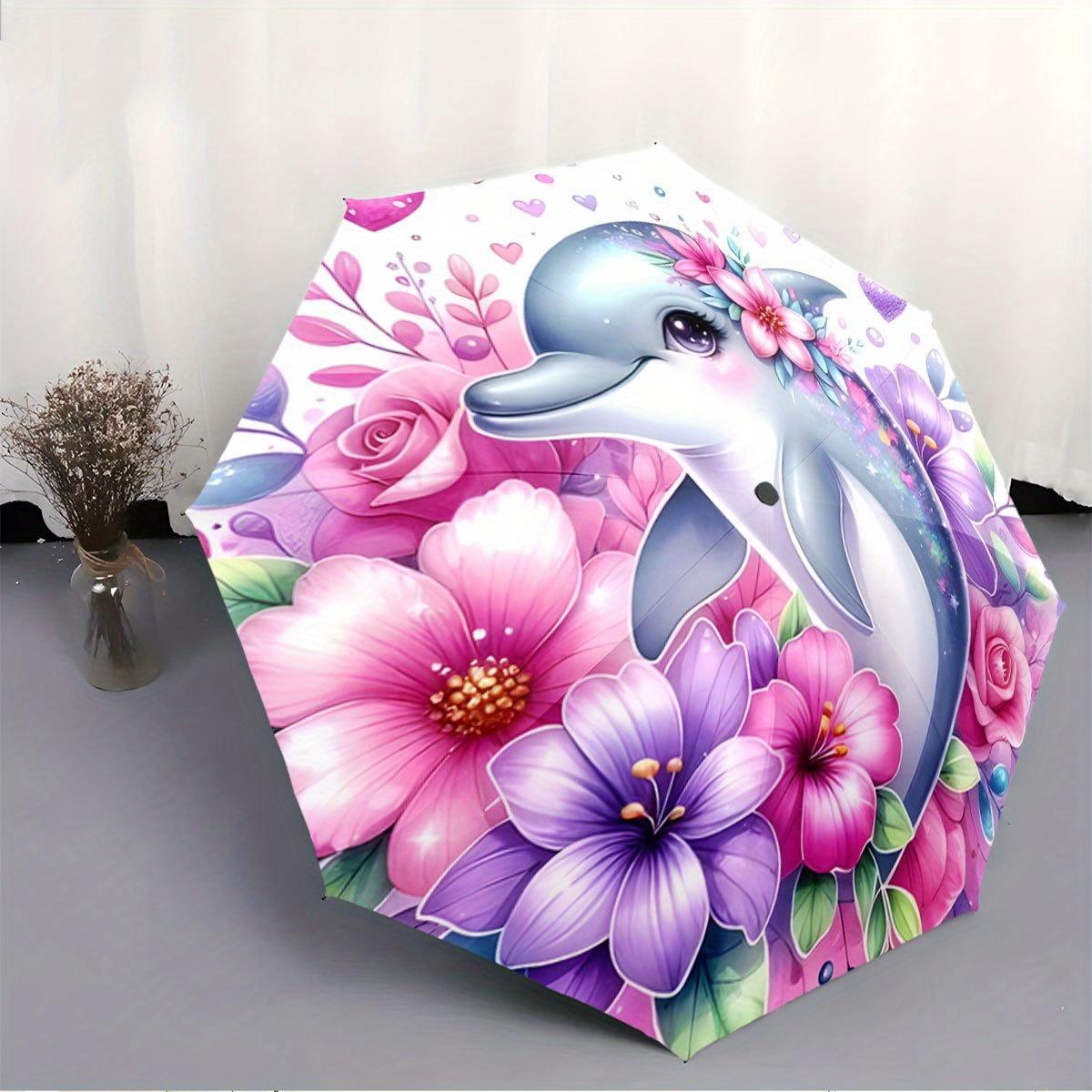 

Folding Umbrella The umbrella features a dolphin surrounded by vibrant pink and purple flowers. Fits Travel, Backpack, Holiday (as the picture,Iron&8K)