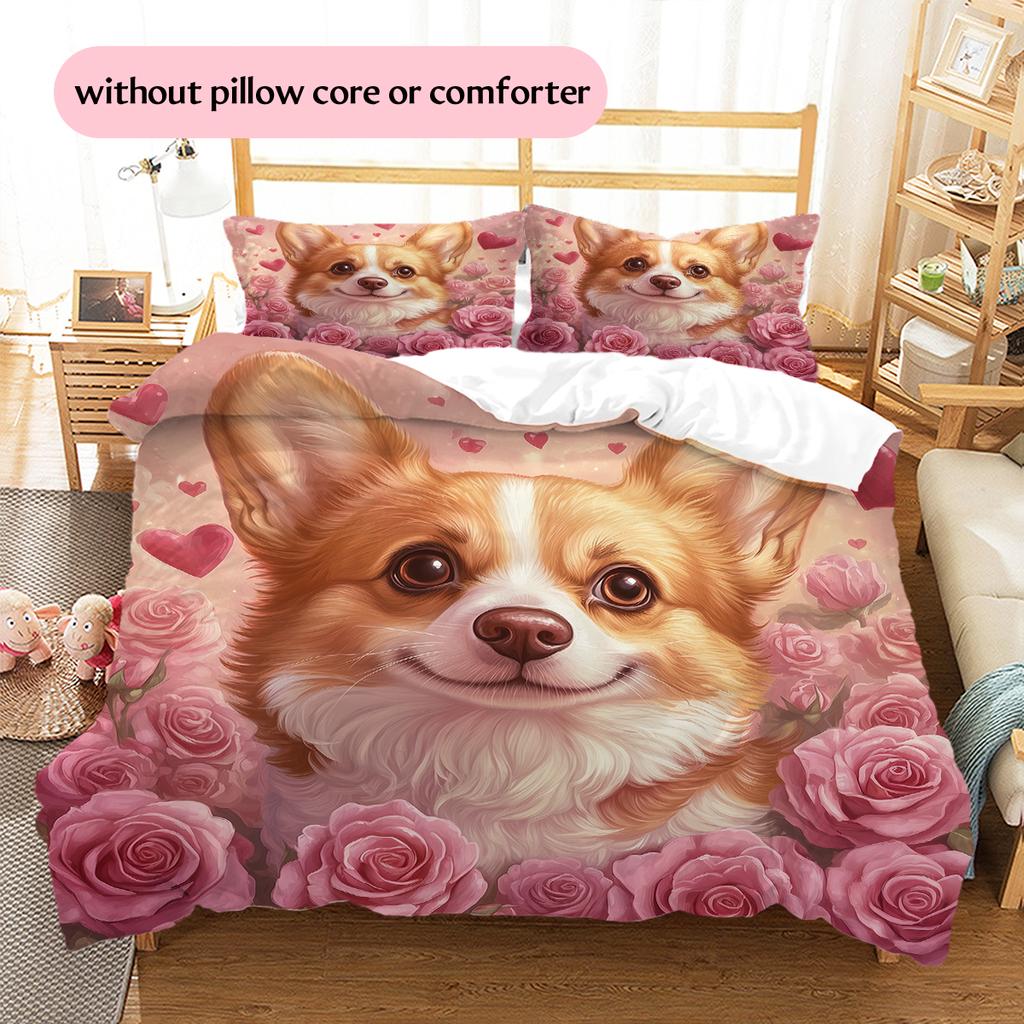 Pink Corgi Pattern Bedding Home Decoration Birthday Gift (1 * duvet cover + 2 * pillowcase, without core)