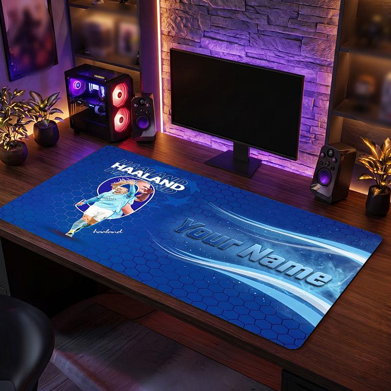 Erling Haaland Custom Large Mouse Pad, Personalized Name Text Print, Football Logo Non‑Slip Desk Mat Gaming Gift