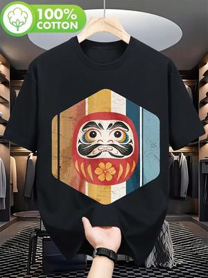S Dharma Doll T-Shirt -100% Cotton 180g Black Casual Short Sleeve Jacket, Japanese Lucky Charm Design, Regular Version, Four Seasons Breathable Fabric