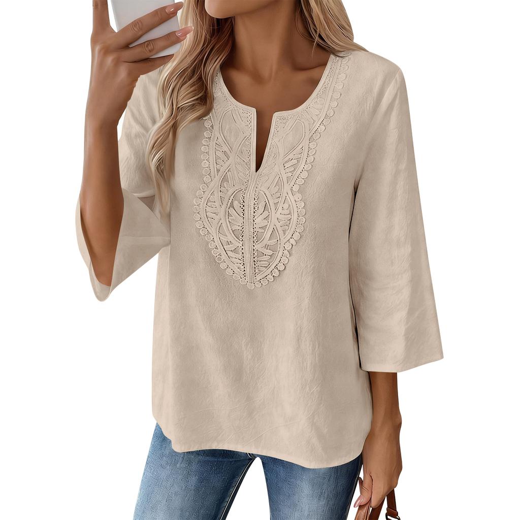 Blusa Casual da Donna con Maniche a 3/4 Ricamata, Vestibilità Larga, Tunica con Scollo a V Spaccato per l'Uso Quotidiano, Stile Comodo