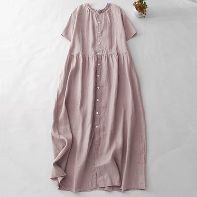 Damen Baumwolle, Leinen, Lotuswurzelrosa Sommer Locker Mittellang Kurzärmeliges Kleid