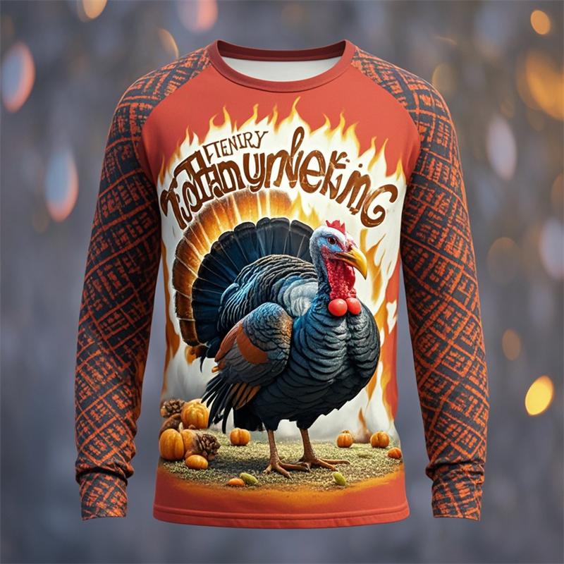 Turkey Pattern 3D Digital Printing Men's Fashion Trend Round Neck Long Sleeved T-shirt