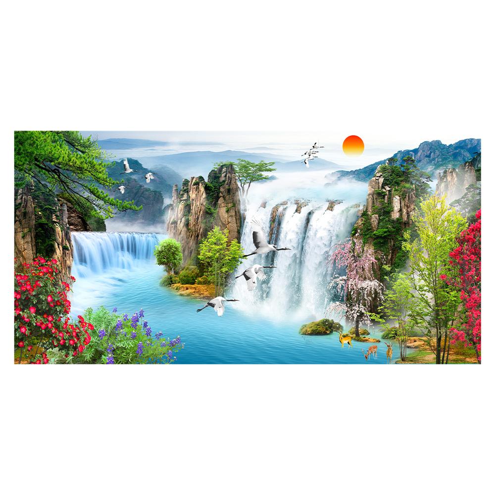Wasserfall Sonnenuntergang Landschaft Leinwandmalerei See Vogel Poster und Drucke Cuadros Wald Wandkunst Bild für Wohnzimmer