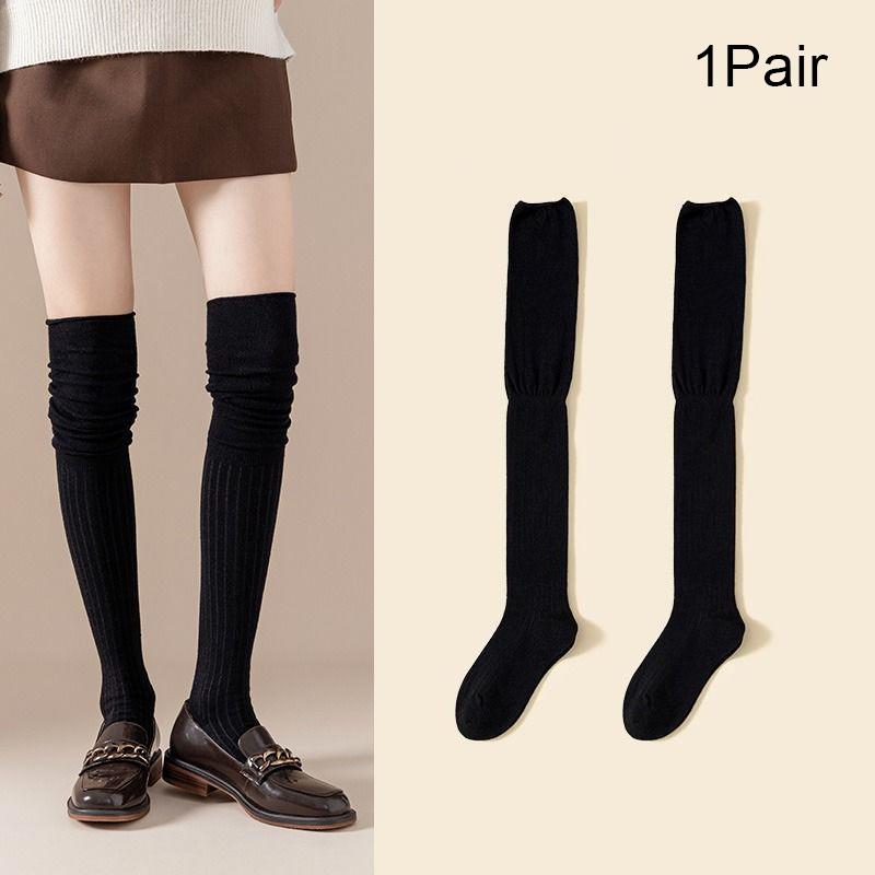 Women Thin Washable Solid Casual Long Stacked Vintage Knee-High Socks Fashion High Elasticity Outdoor Polyester Stockings 1 Pair