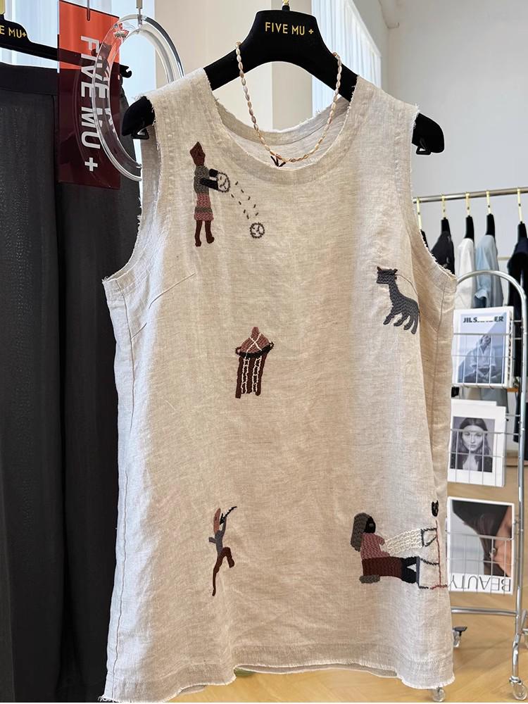 Women's Sleeveless Embroidered Cotton Linen Vest