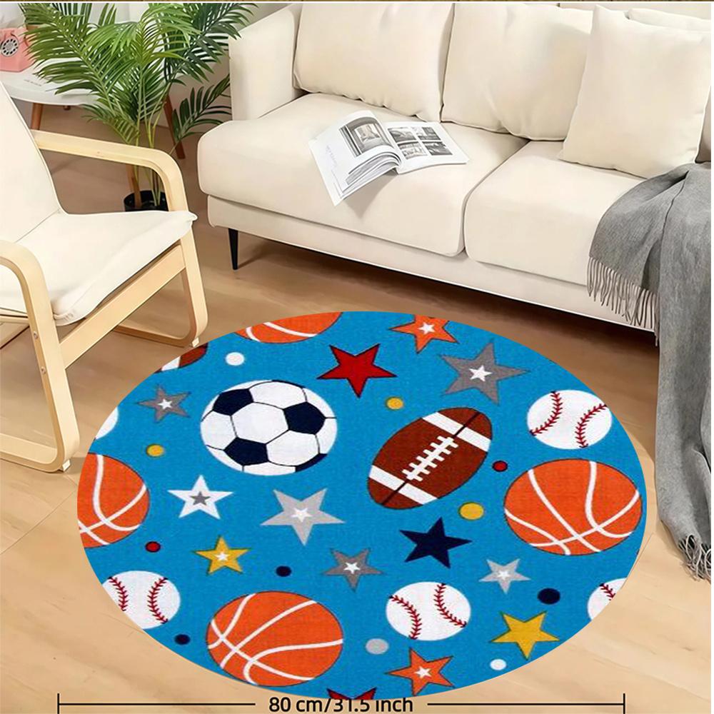 Bedruckter runder Flanellteppich mit Basketball-, Fußball- und Baseballmuster für Kinderzimmer oder Spielbereiche, weich, rutschfest