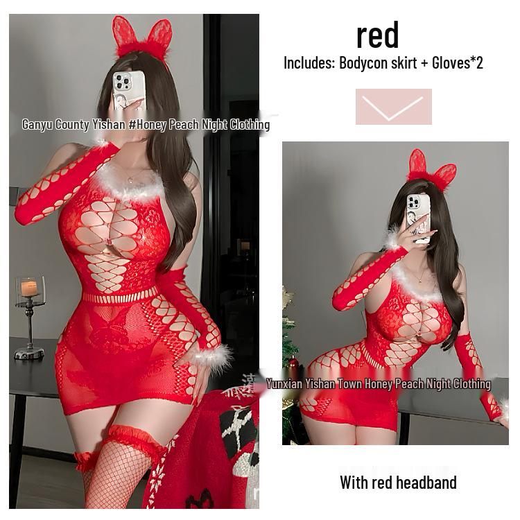 Sexy Red Mesh Cutout Dress Lingerie for Romantic Holidays