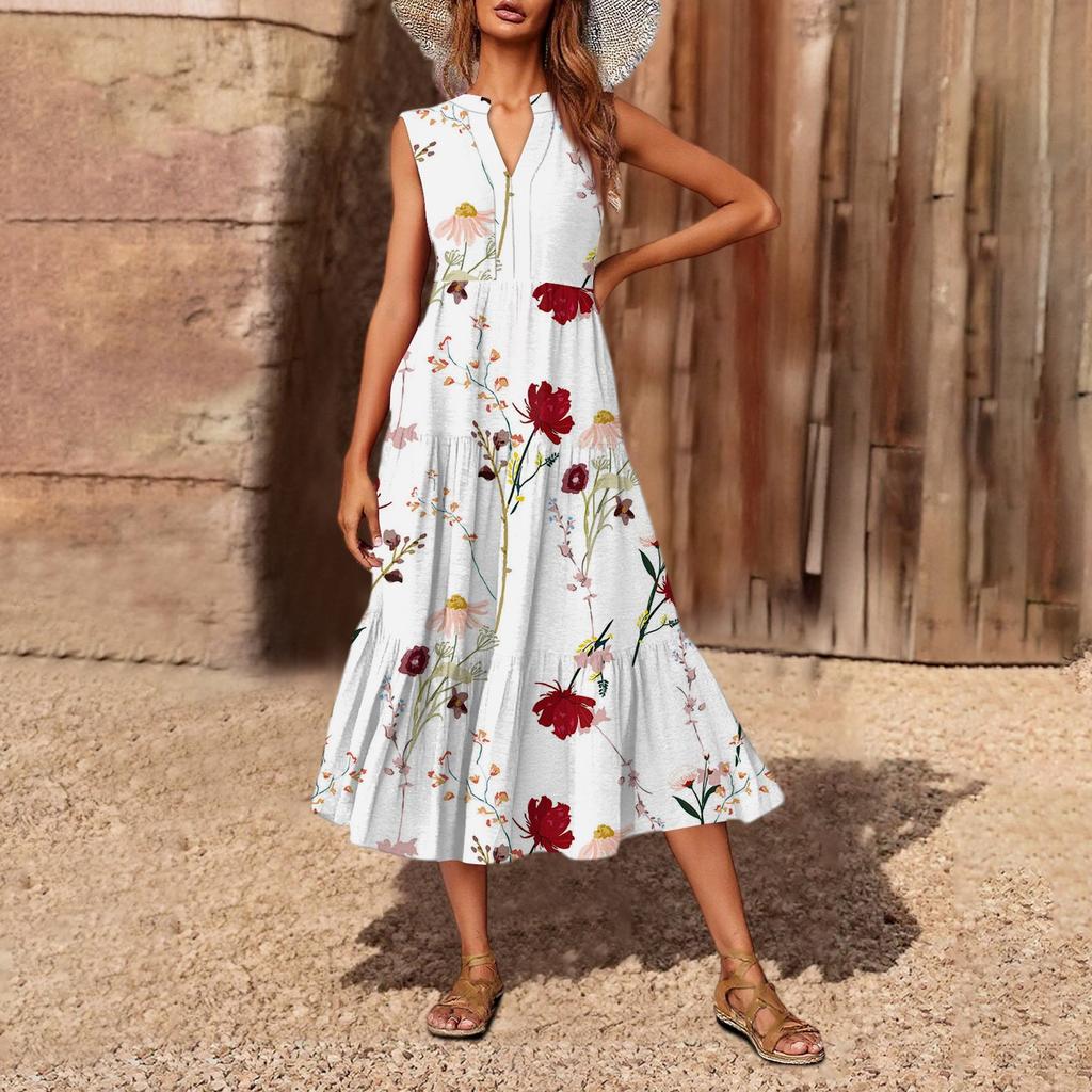 Women's Casual And Fashionable V-neck Sleeveless Printing Mid Length Dress