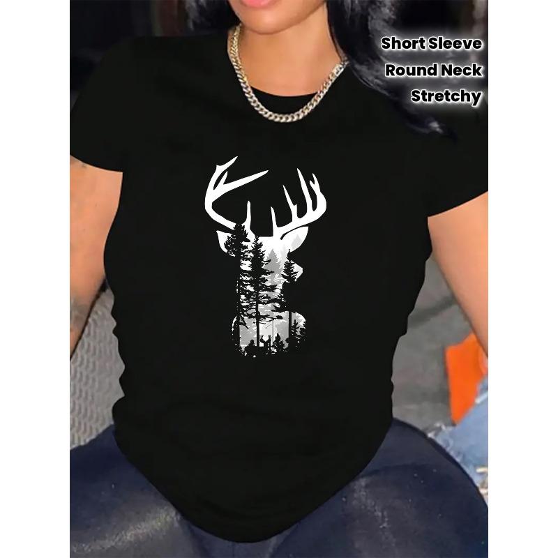 

European sizes Women s Casual Short Sleeve T-Shirt with Forest Stag Graphic Print - Soft Stretch Round Neck Tee 4XL