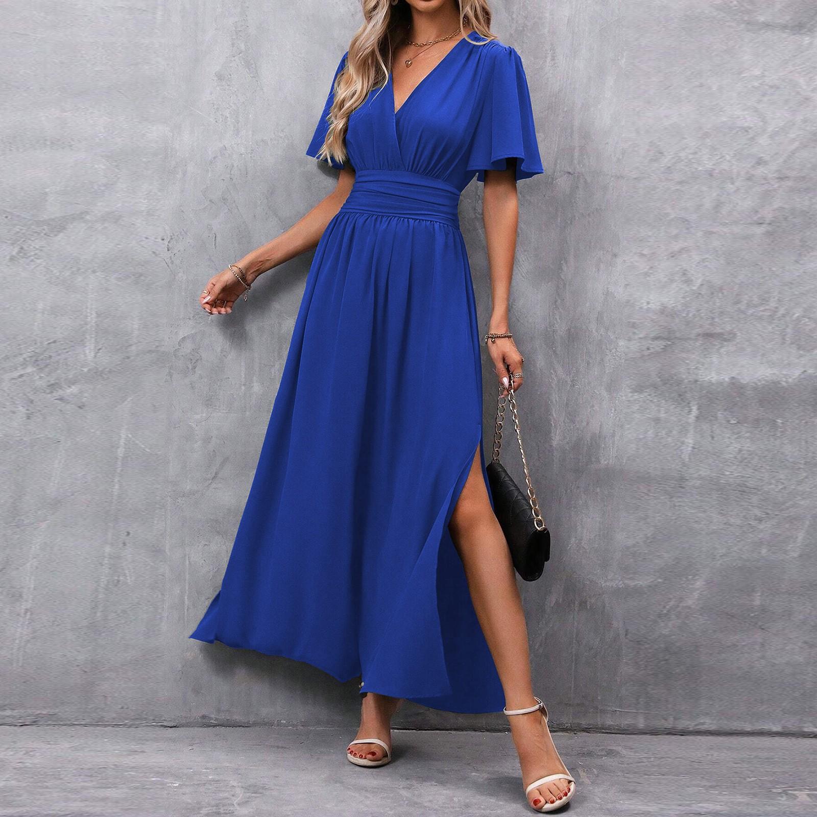 

Женское модное однотонное платье с V-образным вырезом, элегантное, с короткими рукавами, завязывающееся на талии, с высоким разрезом, длинное платье XXL синий